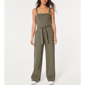 NWT Hollister Green Sleeveless Twill Wide Leg Cargo Jumpsuit